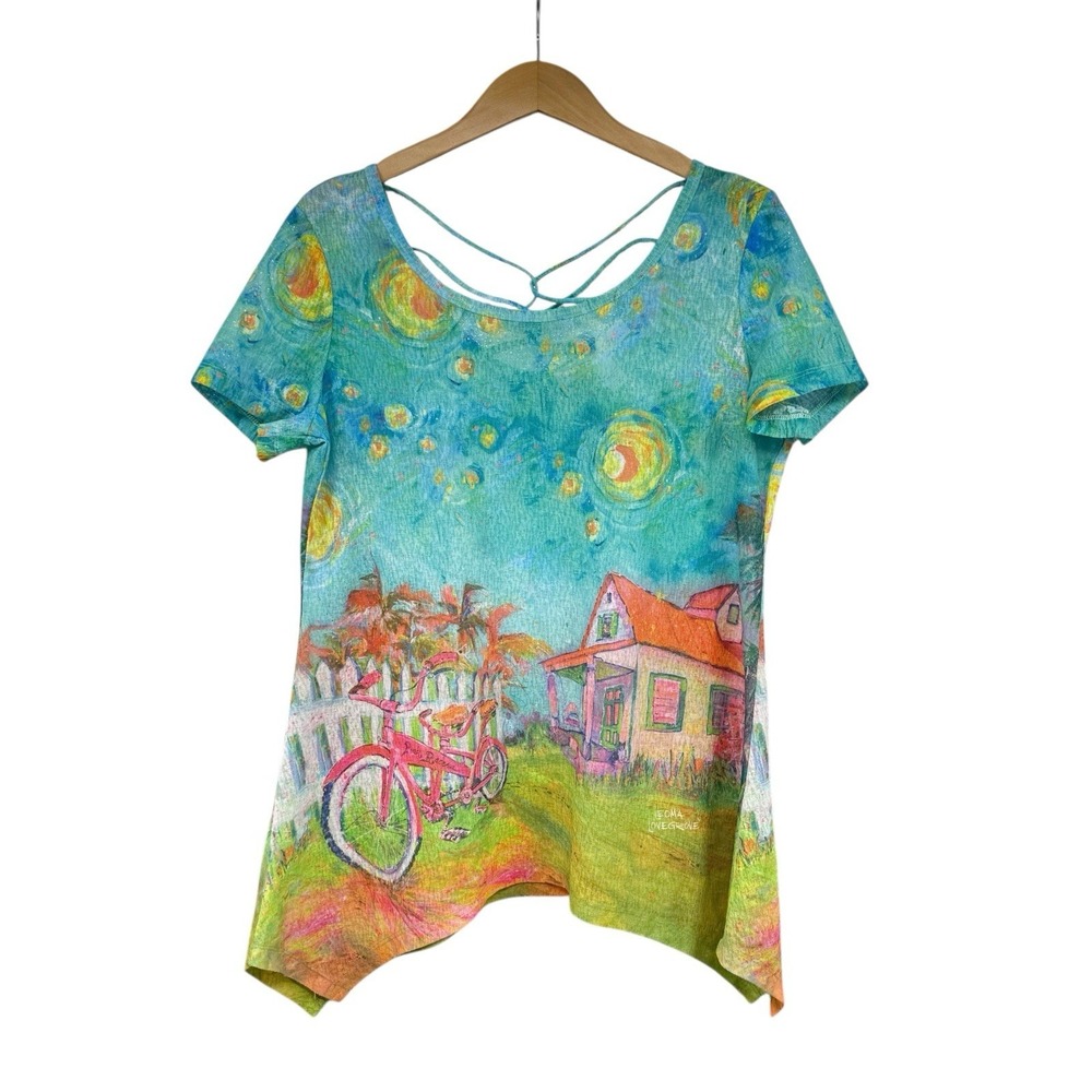 Leoma Lovegrove Round Neck Short Sleeve Asymmetrical Hem Knit Top M READ